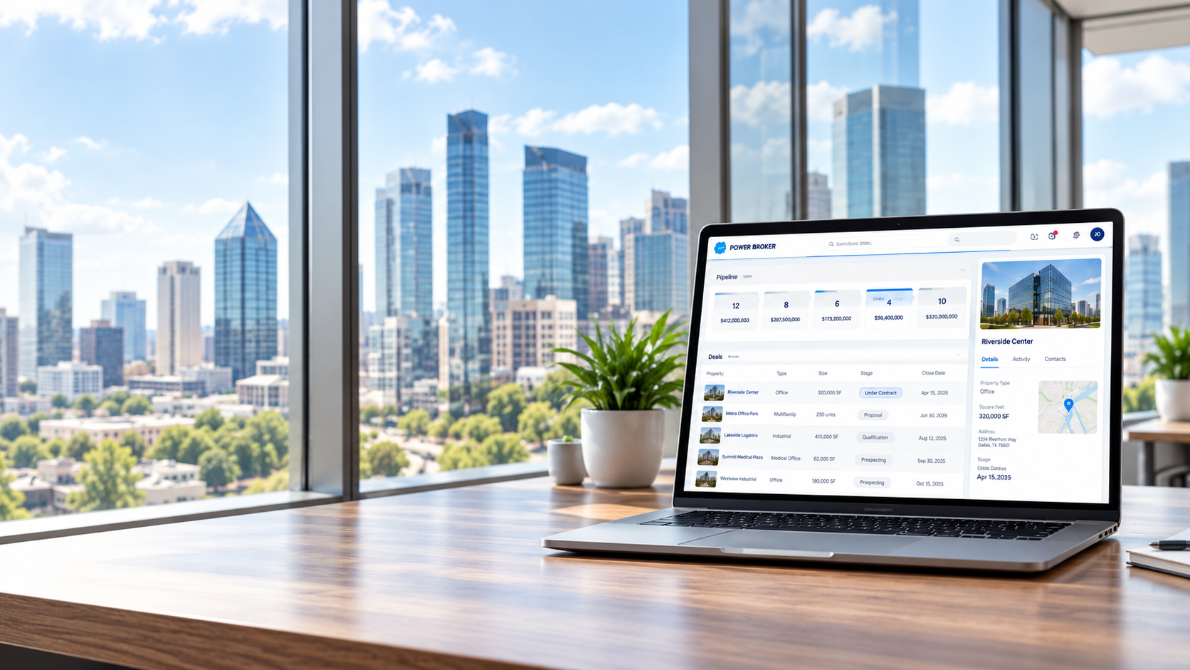 Laptop showing Power Broker CRM in an office overlooking a city skyline